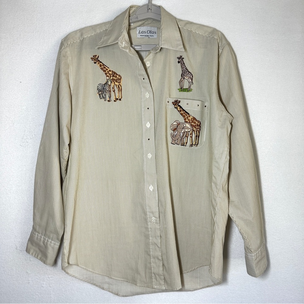 Las Olas Casual Shirt Women's M Embroidered Giraffe Elephant Striped Button Up